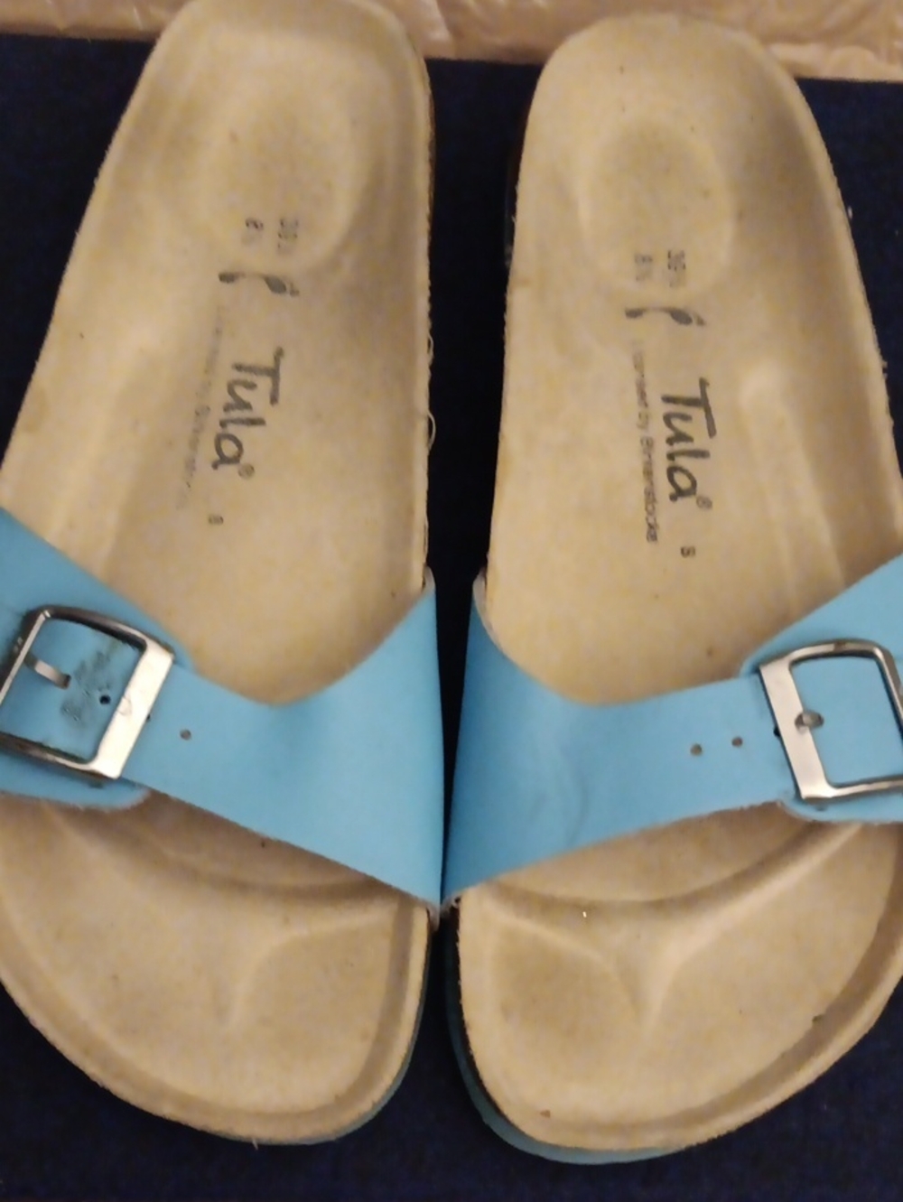 Tula By Birkenstock Single Strap Slide Sandals in Turquoise with Silver Buckles